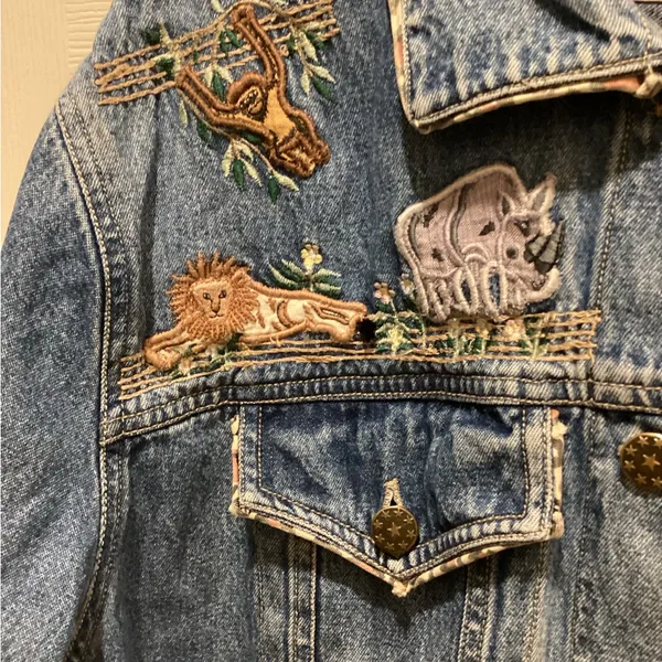 Embroidered Denim Jacket with zoo animal embroidery large - Image 4