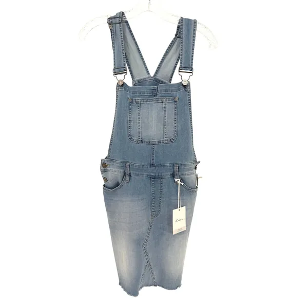 KanCan Denim Overall Mini Dress Women S Light Wash Frayed Hem Coastal Y2K Boho - Image 4
