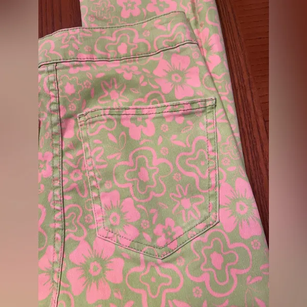 ZARA Green & Pink Floral Print Flare Cropped‎ Stretch Denim Jeans Y2k Size 4 - Image 10