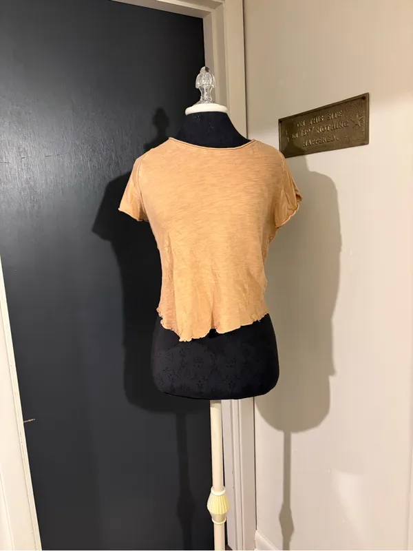 Free People 100% Cotton Cropped Lettuce Hem Tee in Beige - Image 2
