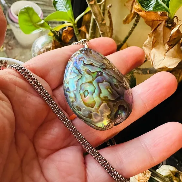 Large Mermaid Abalone Shell Necklace On Stainless Steel 20" Rounded Box Chain - Image 5