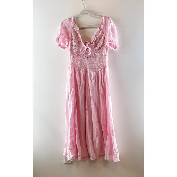 Free People All You Need Is Lace Short Sleeve Cotton Midi Dress Pink Large - Image 3