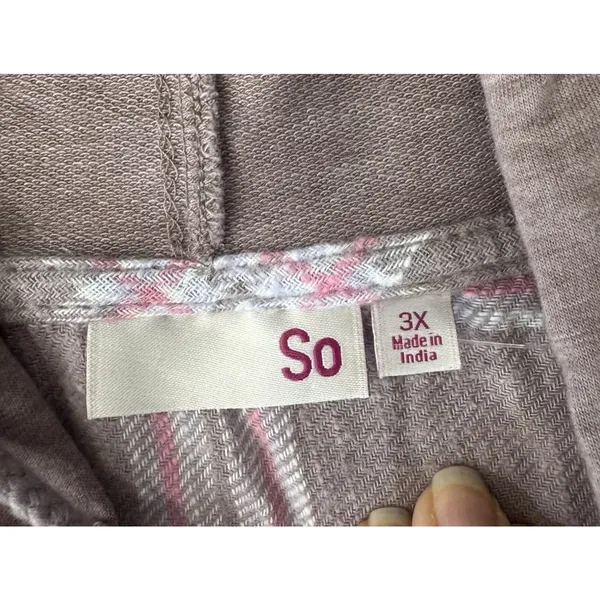 NEW SO Hooded Flannel Shirt Pink Brown Plaid NEW Plus 3X long sleeve button fron - Image 9