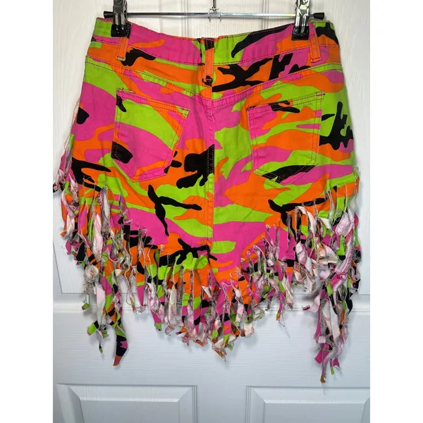 Camo Fringe Cut Off Shorts Large Neon Bright Pink‎ Green Rave Festival - Image 4