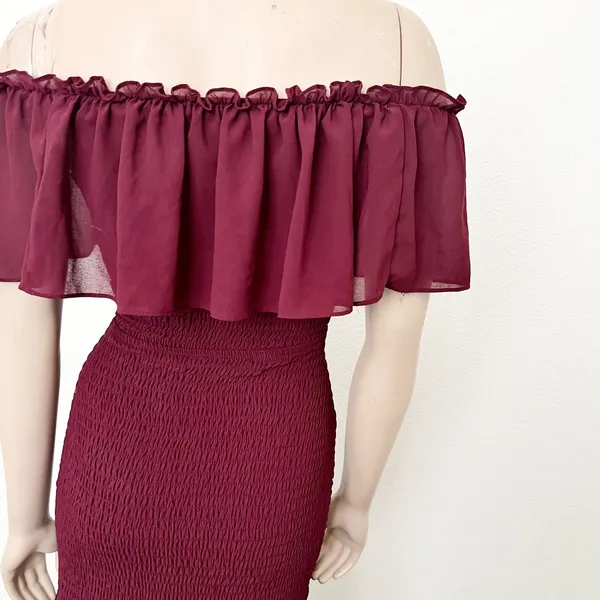 [Baltic Born] Maroon Amalfi Smocked Off The Shoulder Ruffle Maxi Dress Sz Medium - Image 9