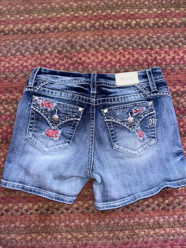 Miss Me Faded Blue Distressed CURVY Denim Shorts BANDANA POCKET - Image 7