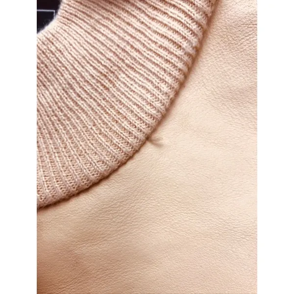 Terry Lewis Sweater Womens Medium Tan Leather Trim Ramie‎ Cotton Mock Neck - Image 5