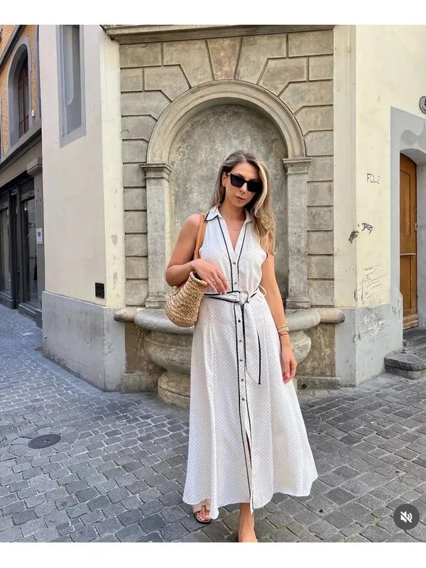 ZARA Cream Maxi Shirt Dress with Black Contrast Trim - Image 4