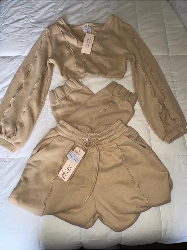 Oh Polly Beige Cropped Sweatshirt & Drawstring Joggers Set - Image 12