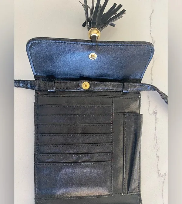 Vintage 80s-90s Faux Leather Black Small Crossbody Purse With Tassels - Image 6