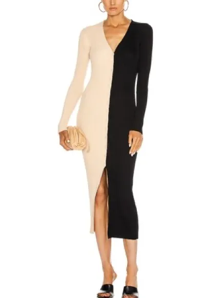 STAUD Shoko Two Tone Ribbed Button Down Midi Dress Colorblock Cream tan Black XS - Image 2