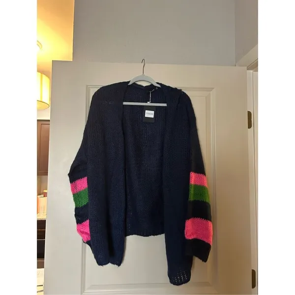 NEW Blue Preppy 80’s Lightweight Sweater Color Block Oversized Cardigan 2X - Image 3