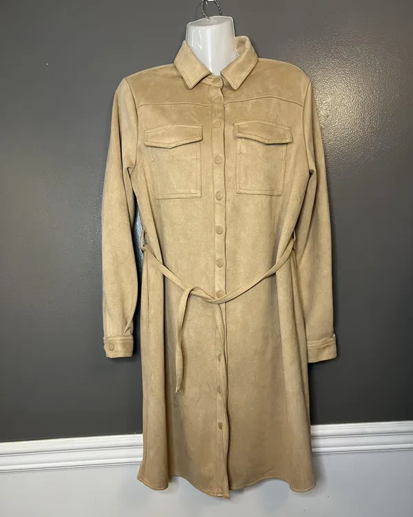 Truth by Republic Dress Womens Medium Tan Faux Leather Snap Front Belted Shacket - Image 2
