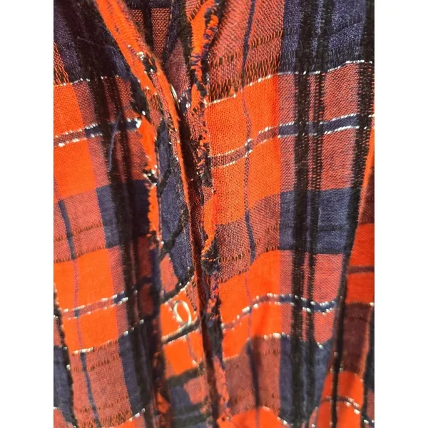We The Free Button Down Women Small Red Plaid Lurex Oversized Distressed Shirt‎ - Image 3