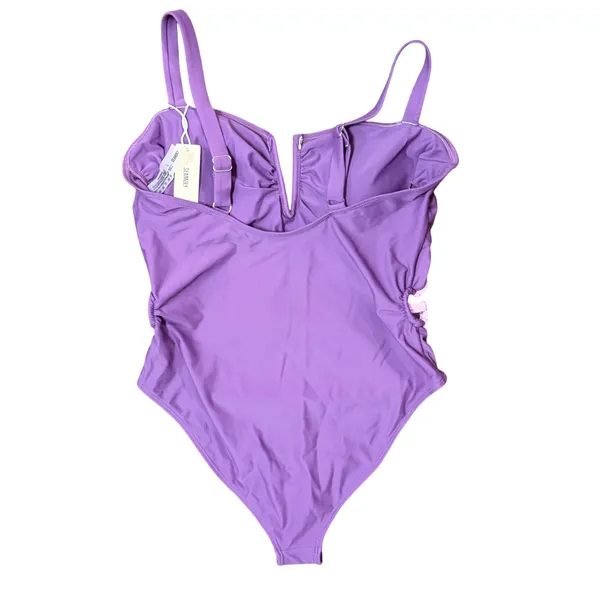 NWT Purple Slimming Floral Cut Out Colorblock Ruched‎ Cheeky One Piece Swim - Lg - Image 4