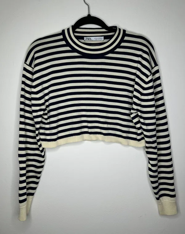 ZARA Striped Crop Blue White Knit Size Medium - Image 3