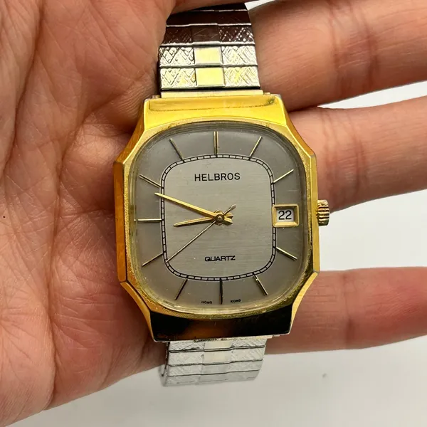 Vintage Helbros Gold-tone Plated Case Silver Stretch Band Quartz Watch - Image 7