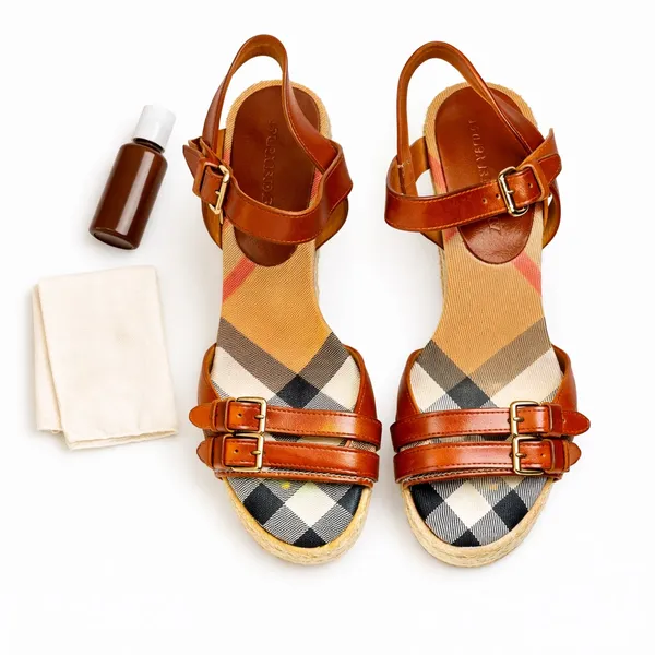 Burberry Tan Leather Check Canvas Espadrille Wedge Sandals EU 35 Italy GUC FLAW - Image 15