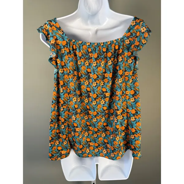 Melloday Teal Floral Smocked Square Neck Ruffle Sleeve Blouse Medium‎ NWT - Image 4