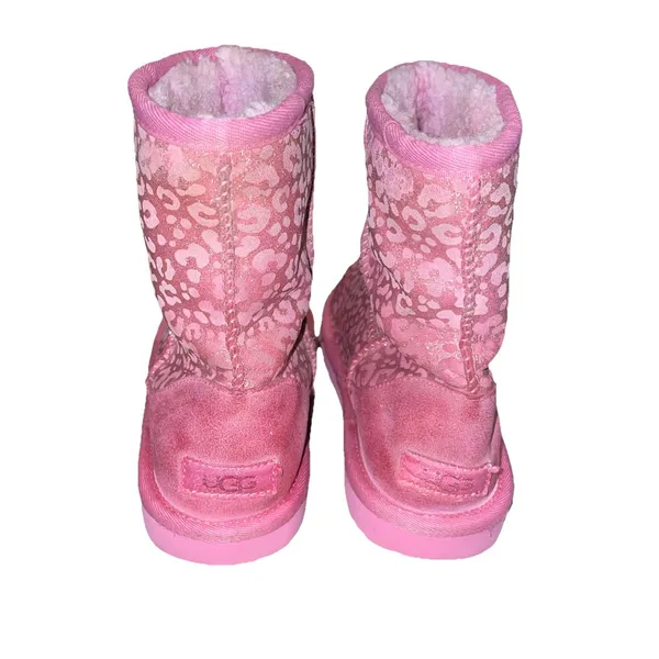 UGG Classic Short Pink Leopard Metallic Boots Womens 5 Sheepskin Lined - Image 4