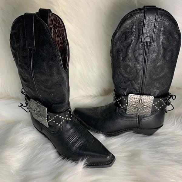 Handmade Womens Black Studded Leather Metal Buckle Removable Boot Band One Size - Image 2
