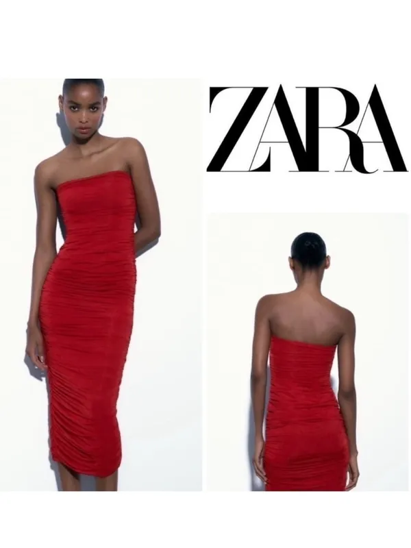 Zara Strapless Organza Dress Ruched Red L - Image 3