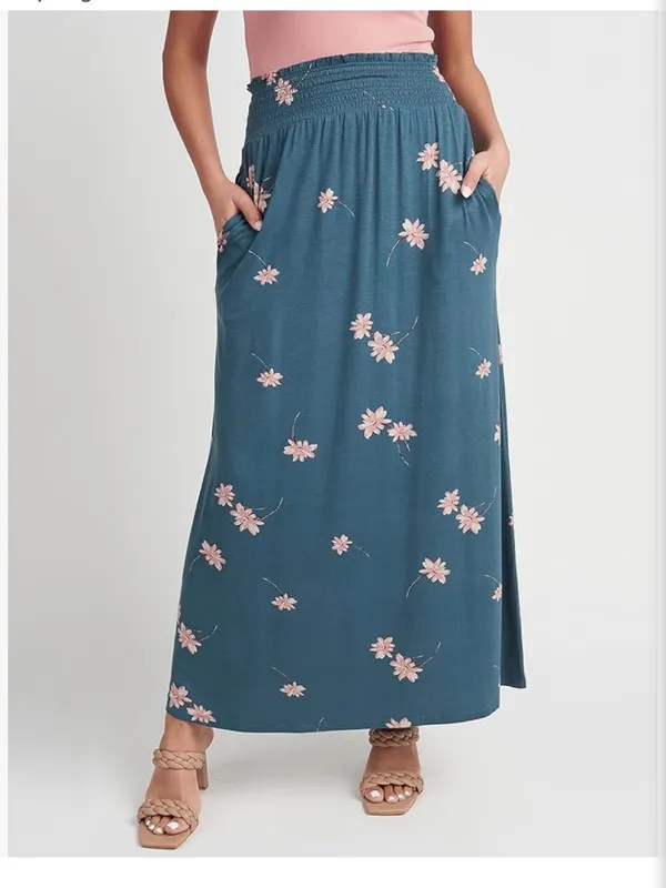 DR2 Daniel Rainn Green Pink Floral Smocked Boho Midi Maxi Skirt - Image 2