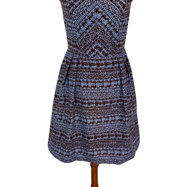 Anthropologie Eva Franco Blue Brown Geometric Fit And Flare Sleeveless Dress 4 Retro‎ Chic - Image 3