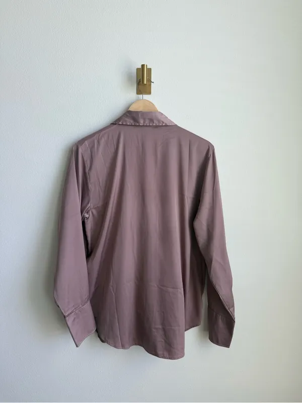 H&M Satin Button Down Blouse Womens M Dusty Rose Pink Long Sleeve Work Office - Image 6