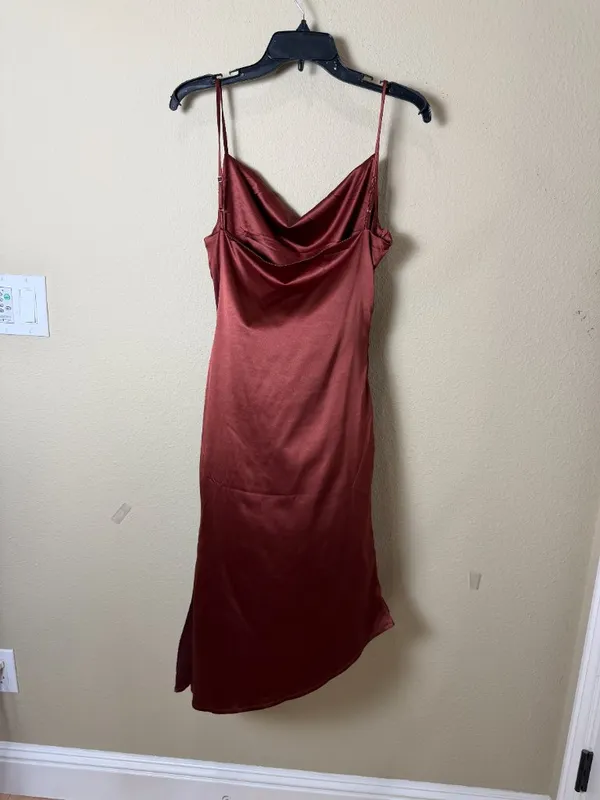 R. Vivimos Brown Satin Drape Neck Midi Dress Size Small 4/6 New NWT - Image 4