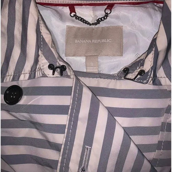Banana Republic Trench Coat‎ Women S Gray White Stripe Belted Preppy Nautical - Image 6