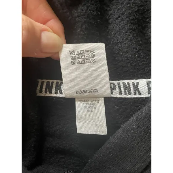 Victoria'S Secret Pink Cropped Hoodie Velvet Logo Long Sleeve Black Sz S - Image 5