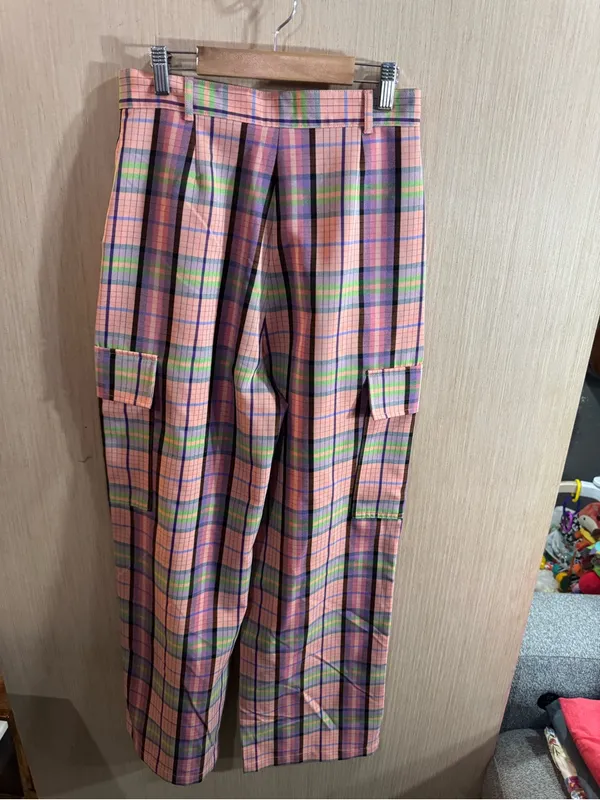 Women’s Collusion High-Waist Pink Plaid Wide-Leg Pants Size 6 - Image 2