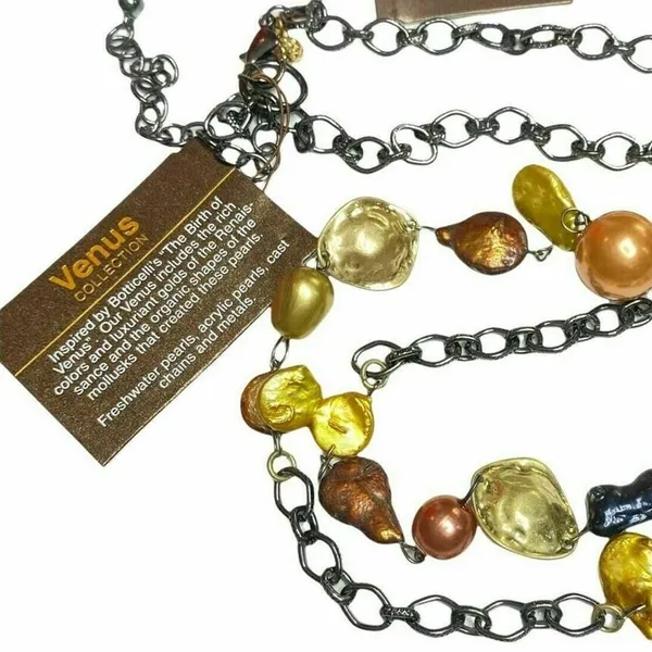 Venus Collection Necklace Gold Bronze‎ Navy Freshwater Pearl Renaissance Jewelry - Image 2