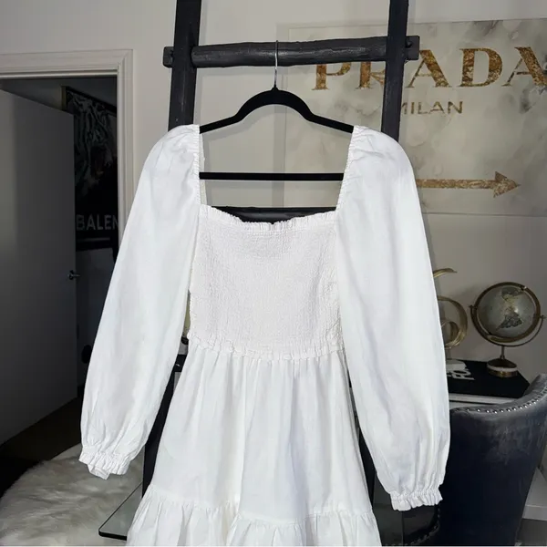 New Aritzia Wilfred New Tempest White Smocked Linen Mini Dress Square Neck Small - Image 13
