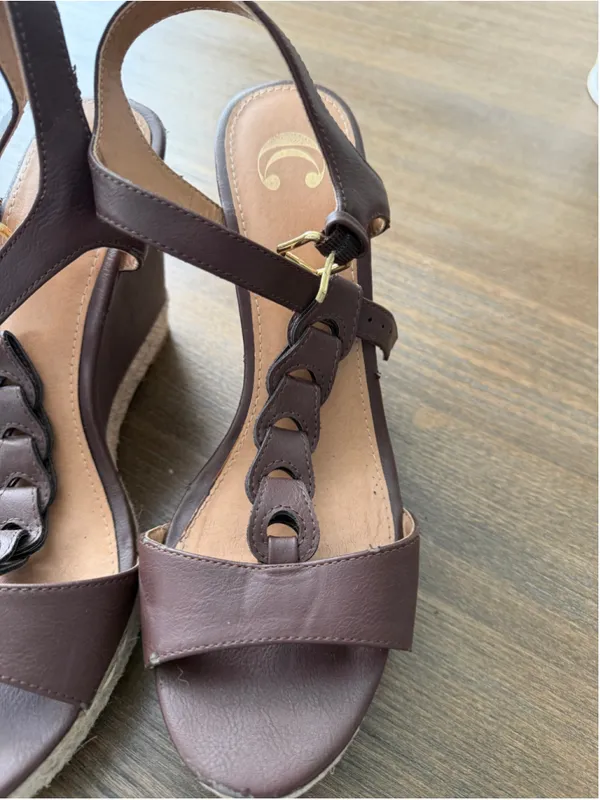 Brown Wedge Sandals with Gold Buckles Size 10 - Image 3