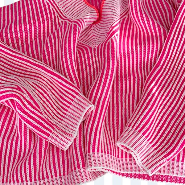 Pink and White Striped V-Neck Knit Sweater w Relaxed Boxy Fit LG/OS - Image 8