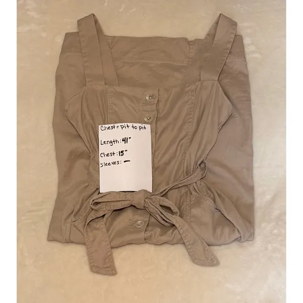 Babaton Aritzia Kofi Dress Size 4 Tan Linen Blend Button Front Midi Apron Belted - Image 4