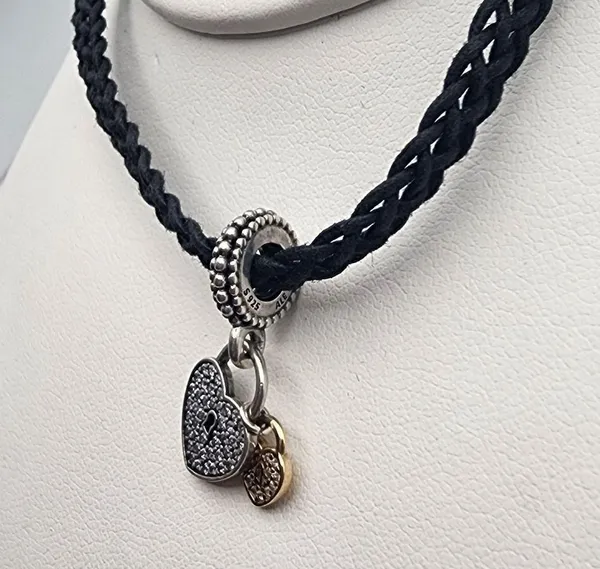 Pandora Sterling Silver Heart Padlocks & Black Woven Cord Choker - Image 5