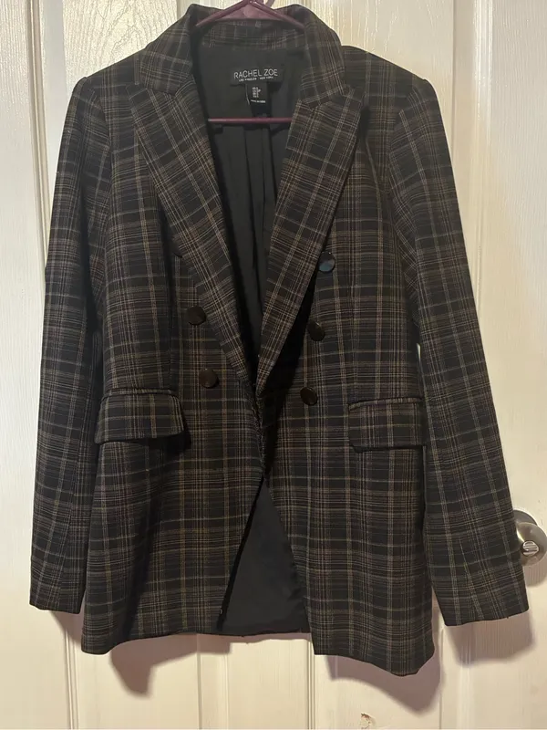 Rachel Zoe Plaid Double Breasted Longline Blazer Charcoal Brown Workwear - Image 4