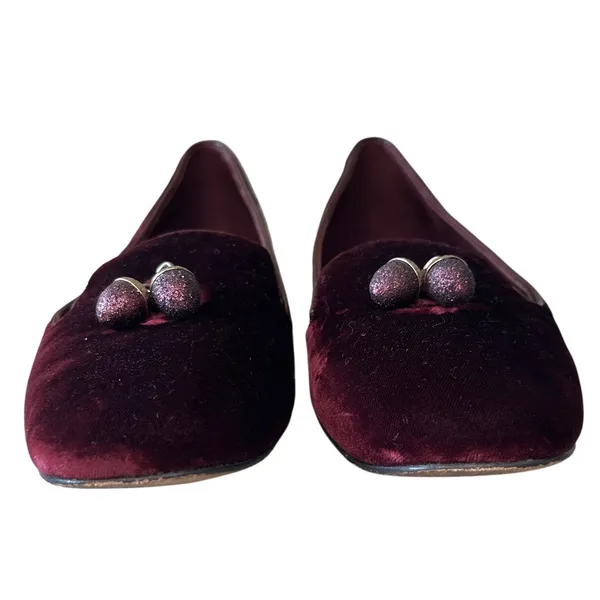 Tory Burch Burgundy Velvet Acorn Charm Smoking Slippers Loafers 7 - Image 2