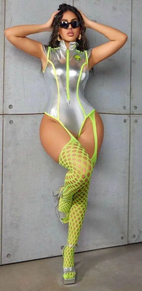 Alien Space Babe Futuristic Festival Halloween Cosplay Bodysuit & Tights Costume - Image 6