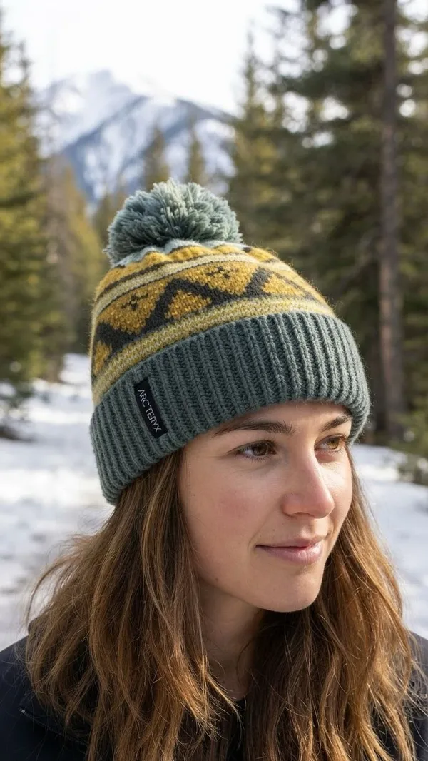 Arc’teryx Vintage Nordic Pom Pom Beanie Hat Green Mustard Yellow Winter Gorpcore - Image 2