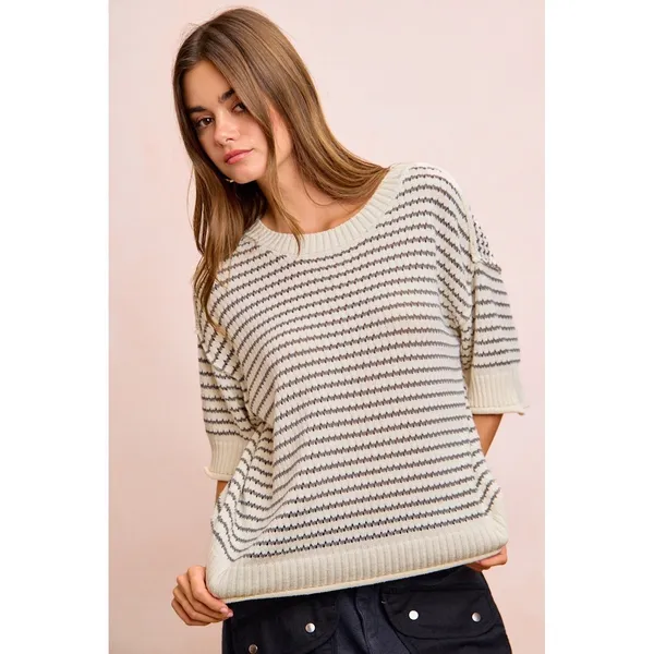 BiBi Stripes Short Sleeves Rib Banded Outseam Knit Top‎ - Cream/Grey - Medium - Image 8