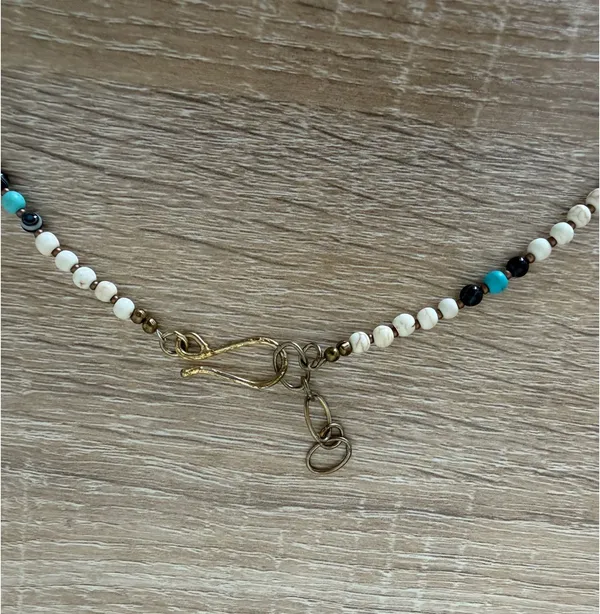 White, Black, and Turquoise Beaded Choker Necklace - Image 2