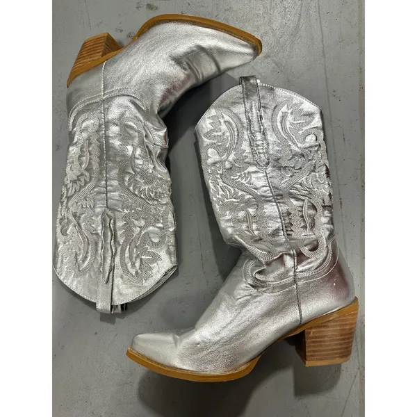 Metallic Silver Western Cowboy Boots with Embroidered Detail and Block Heel - Image 2