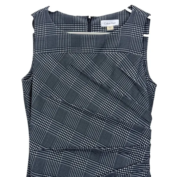 Calvin Klein Houndstooth Black White Sunburst Seam Sleeveless Sheath Dress Sz 4 - Image 4