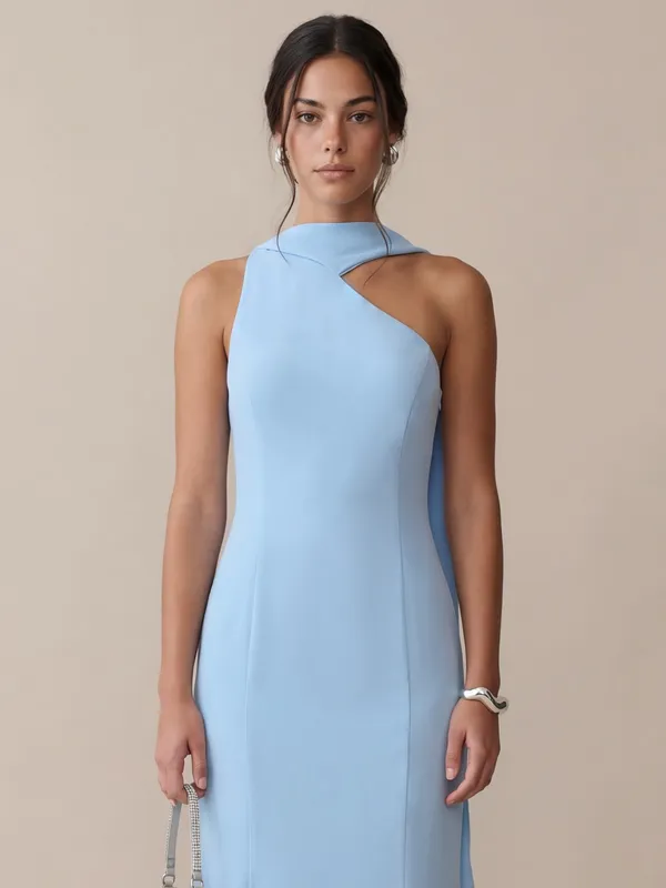 NWT Few Moda Citara Dress size 12 Light Blue one shoulder chiffon maxi o.p.t - Image 3