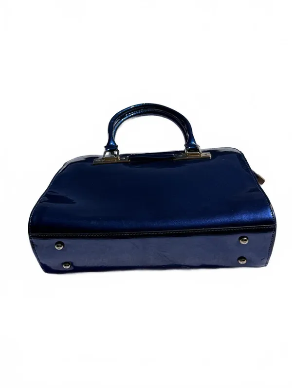 Vintage Blue Leather Satchel Handbag Designer Tote Shoulder Bag Structured Purse - Image 2