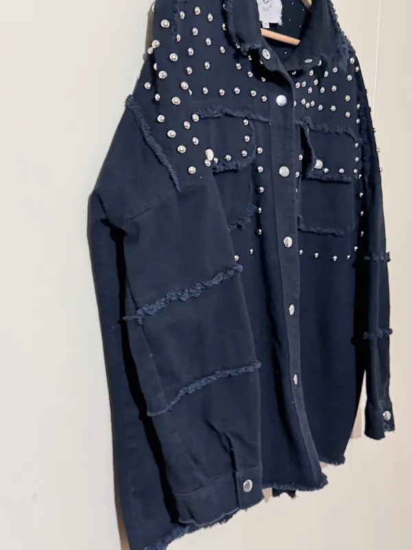Fantastic Fawn Studded Jacket Black L Collared Snap Frayed Long Sleeve - Image 9